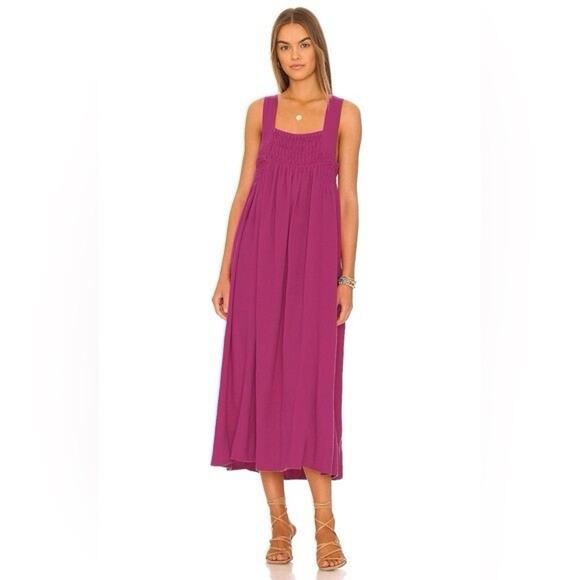 Free People Delphine Smocked Bodice Maxi Dress Pink Purple Cotton Size L - Picture 1 of 11